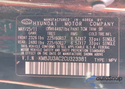 2012 Hyundai Tucson Gls из США, поврежденный, VIN KM8JU3AC2CU323381